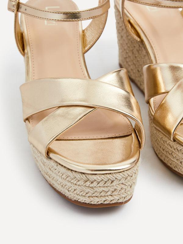 Linzi Gold Faux Leather Crossover Rope Detail Wedge
