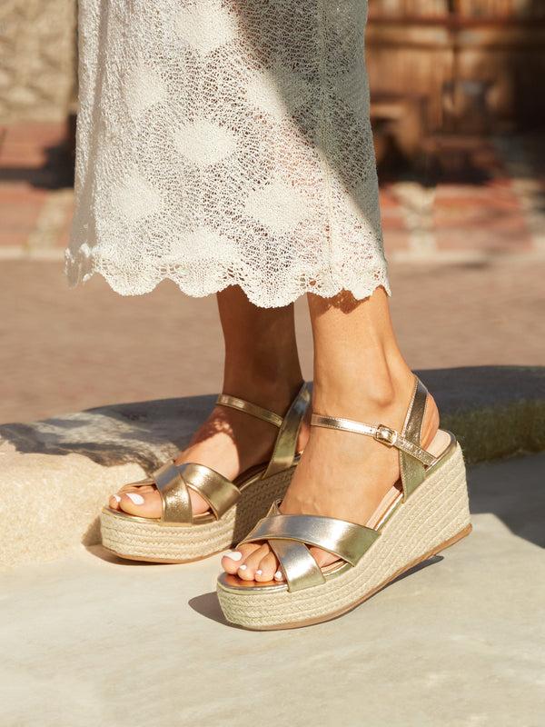 linzi Gold Faux Leather Crossover Rope Detail Wedge