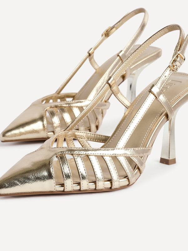 Linzi Gold Faux Leather Cut Out Slingback Court Heels