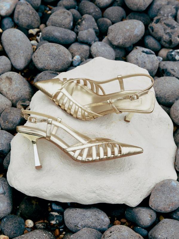 linzi Gold Faux Leather Cut Out Slingback Court Heels