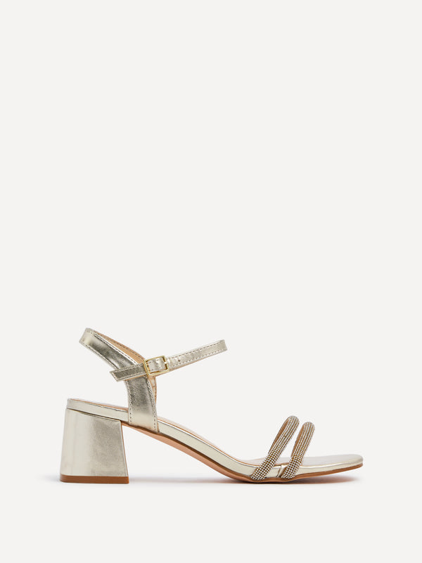 Linzi Gold Faux Leather Diamante Block Heeled Sandal