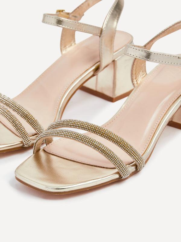 Linzi Gold Faux Leather Diamante Block Heeled Sandal