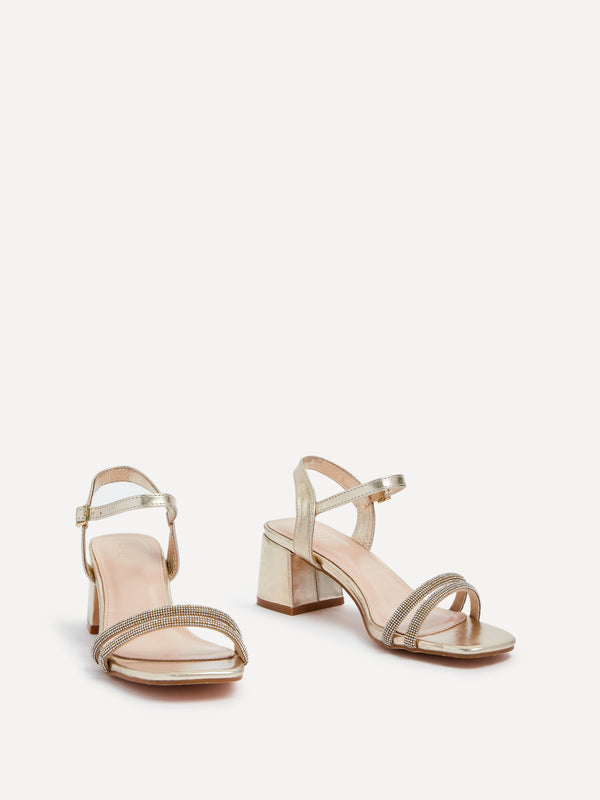 Linzi Gold Faux Leather Diamante Block Heeled Sandal