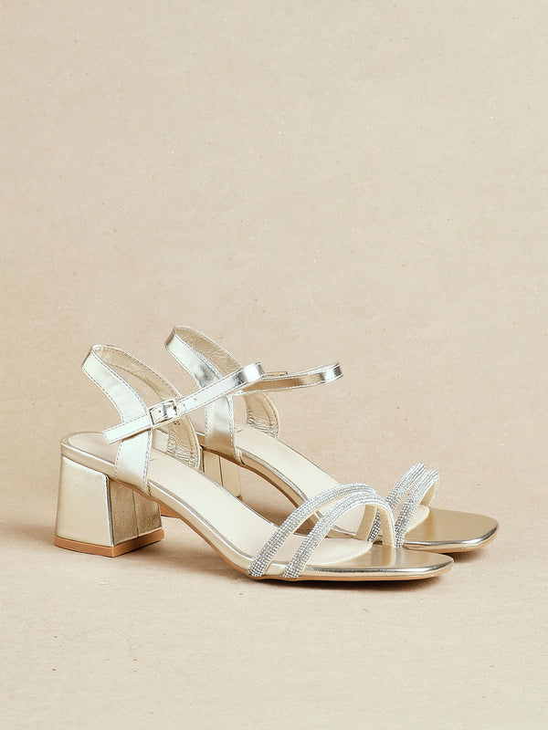 linzi Gold Faux Leather Diamante Block Heeled Sandal