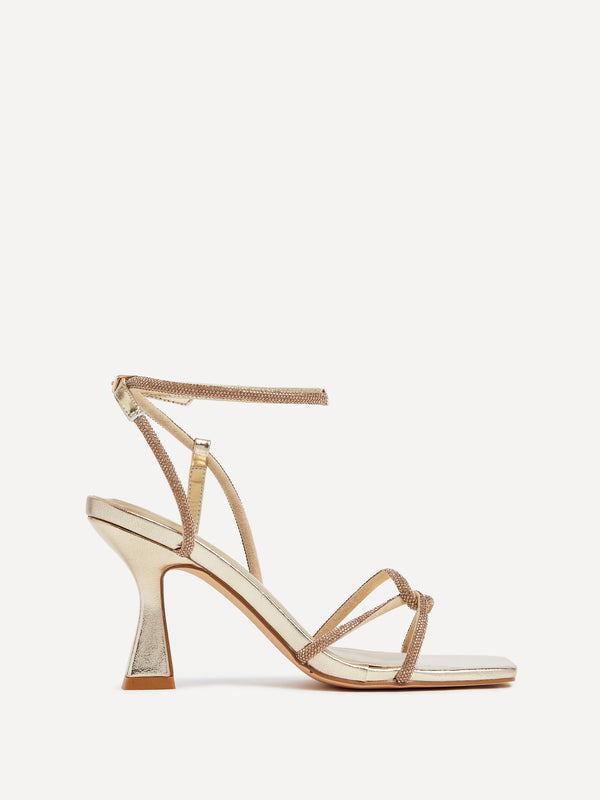 Linzi Gold Faux Leather Diamante Embellishes Strappy Heel