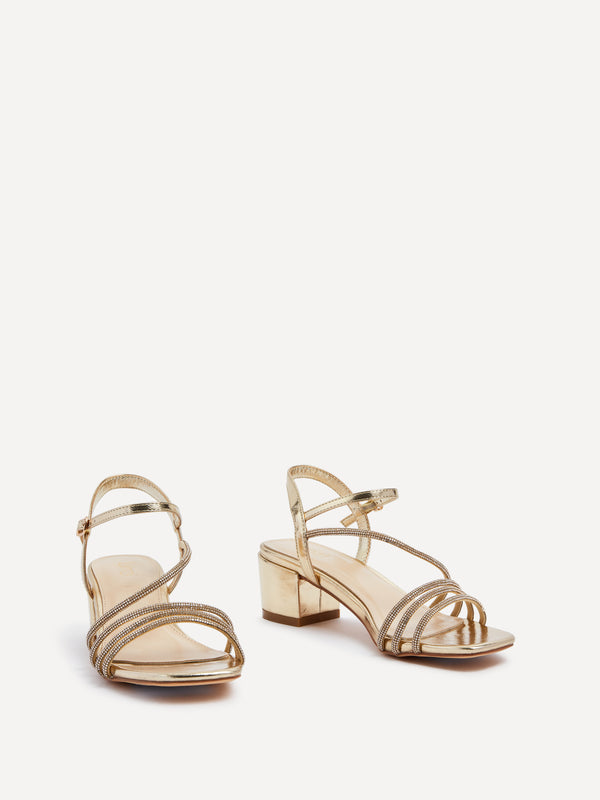Linzi Gold Faux Leather Diamante Strappy Block Heeled Sandal