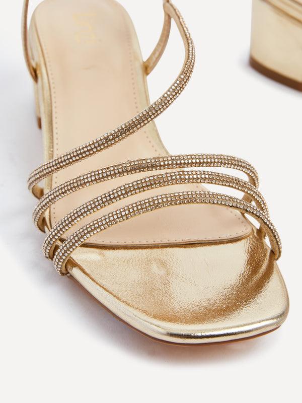 Linzi Gold Faux Leather Diamante Strappy Block Heeled Sandal