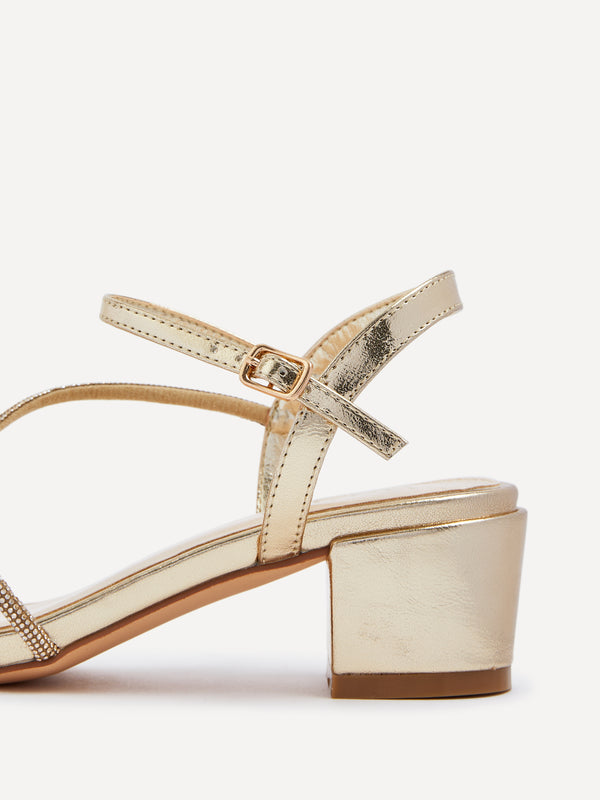 Linzi Gold Faux Leather Diamante Strappy Block Heeled Sandal