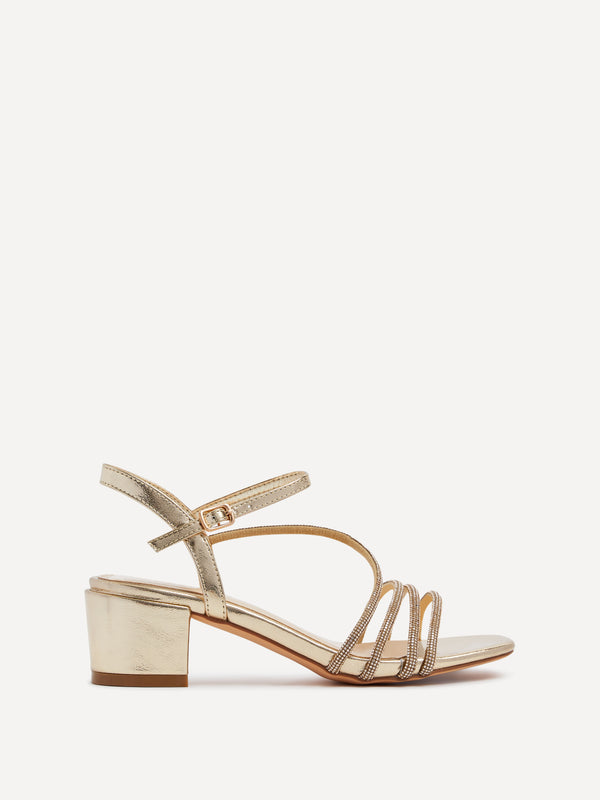 linzi Gold Faux Leather Diamante Strappy Block Heeled Sandal