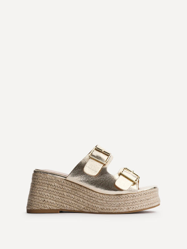 Linzi Gold Faux Leather Double Buckle Espadrille Wedge Mule