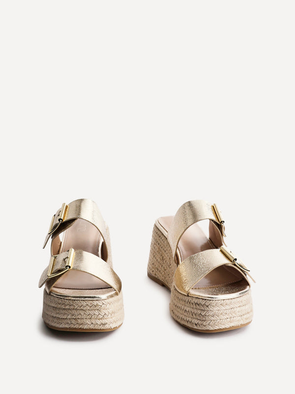 Linzi Gold Faux Leather Double Buckle Espadrille Wedge Mule