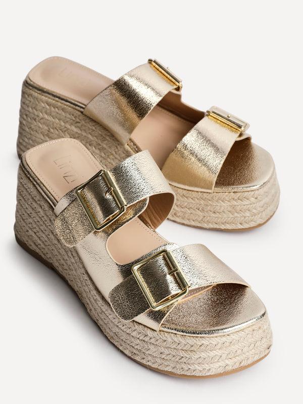 Linzi Gold Faux Leather Double Buckle Espadrille Wedge Mule