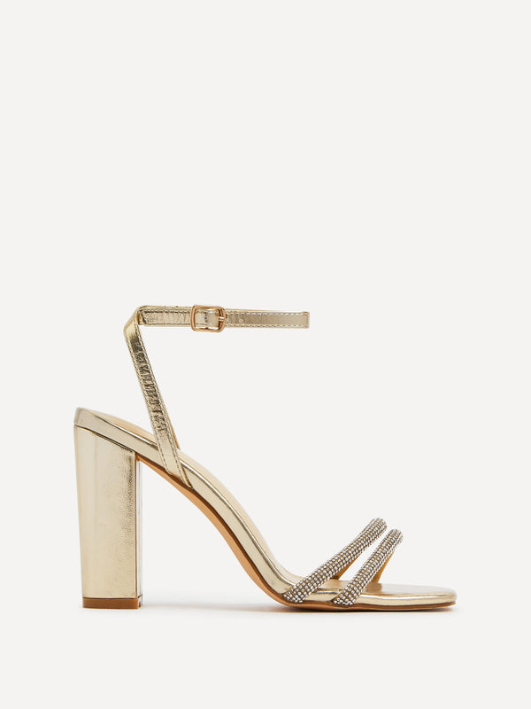Linzi Gold Faux Leather Double Diamante Strap Block Heeled Sandal
