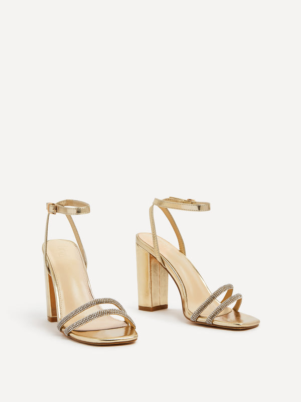 Linzi Gold Faux Leather Double Diamante Strap Block Heeled Sandal