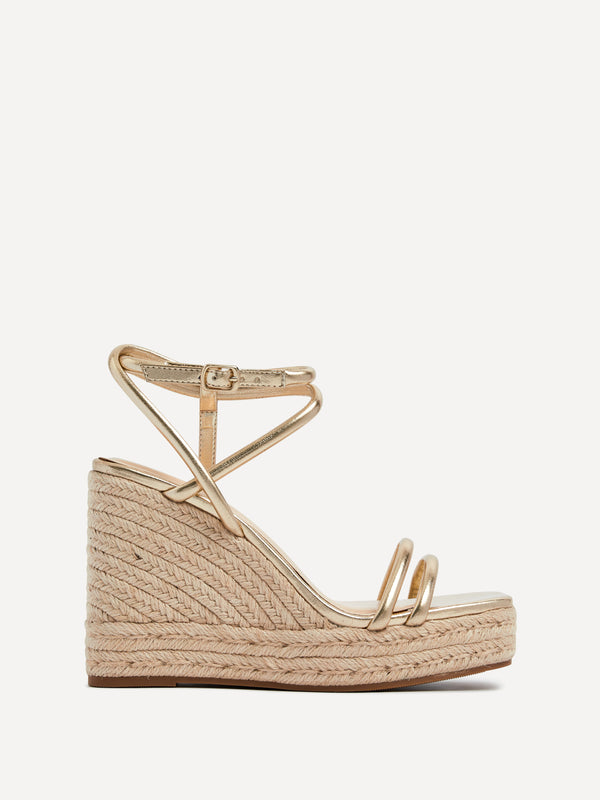 Linzi Gold Faux Leather Double Strap Rope Detail Wedge
