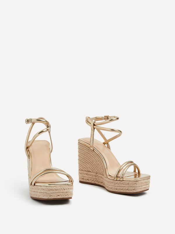 Linzi Gold Faux Leather Double Strap Rope Detail Wedge