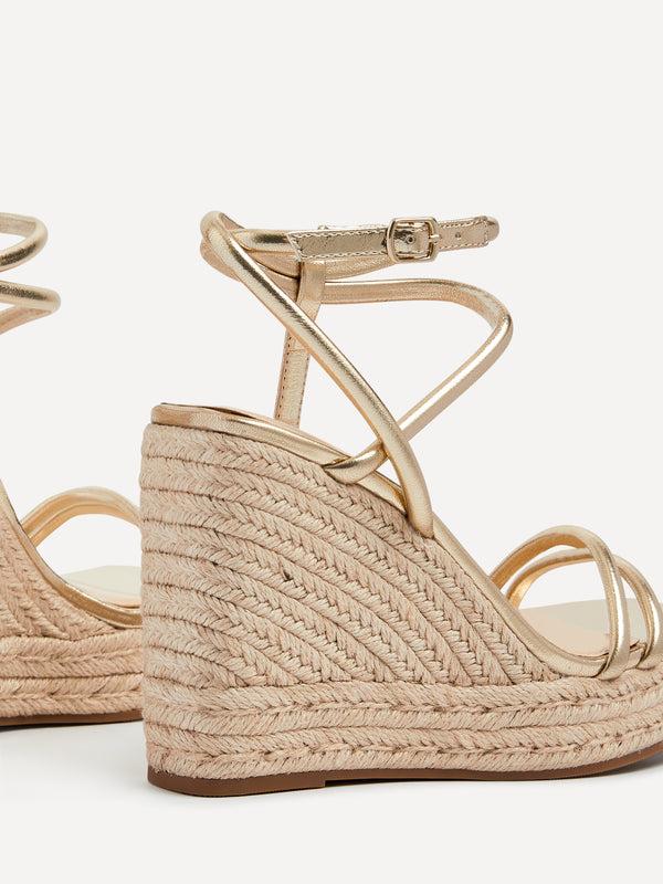 Linzi Gold Faux Leather Double Strap Rope Detail Wedge