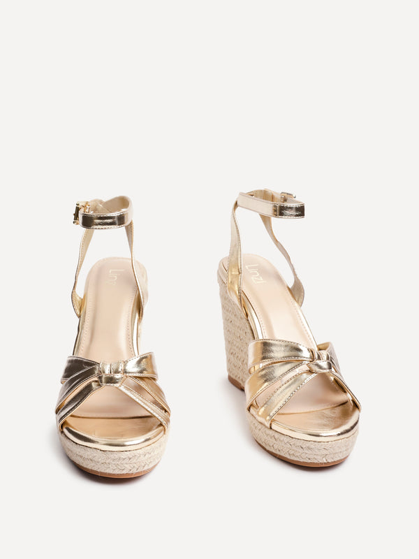 Linzi Gold Faux Leather Espadrille Wedge With Knotted Front Strap