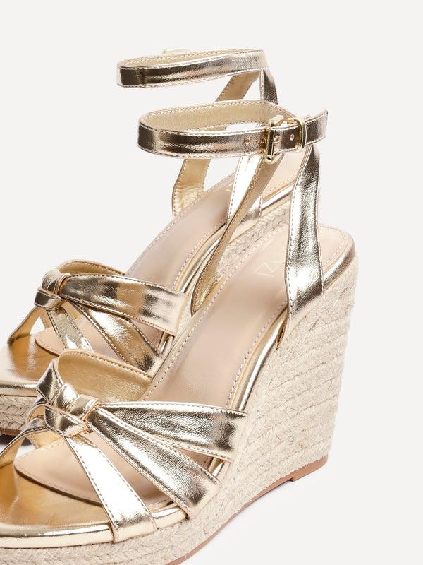 Linzi Gold Faux Leather Espadrille Wedge With Knotted Front Strap