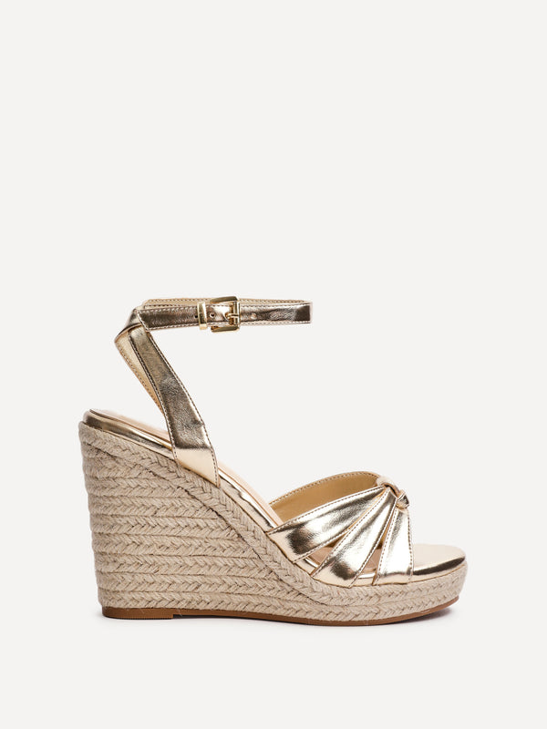 Linzi Gold Faux Leather Espadrille Wedge With Knotted Front Strap