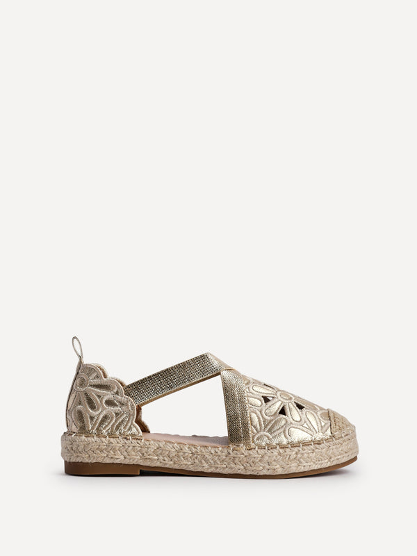 Linzi Gold Faux Leather Flower Cut Out Espadrille Sandal