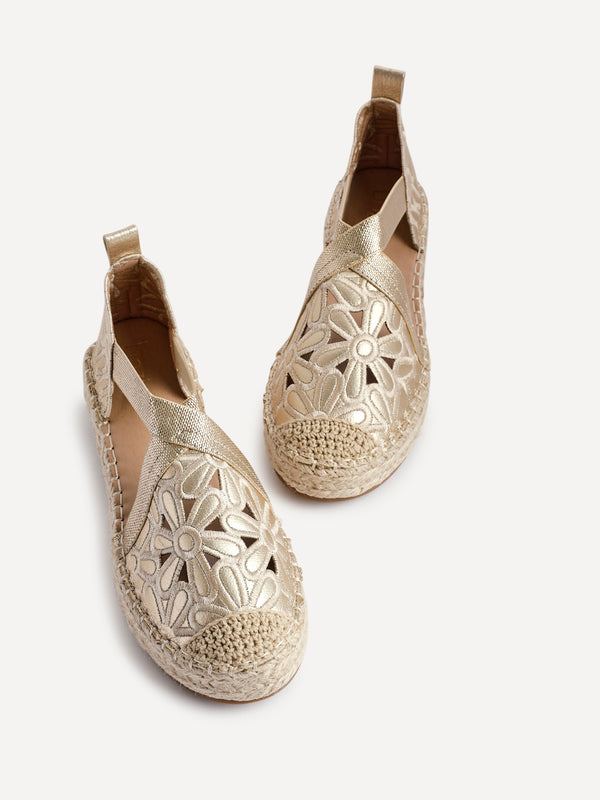 Linzi Gold Faux Leather Flower Cut Out Espadrille Sandal