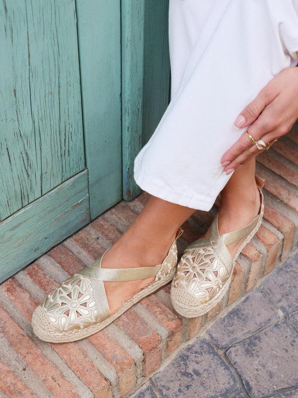 linzi Gold Faux Leather Flower Cut Out Espadrille Sandal