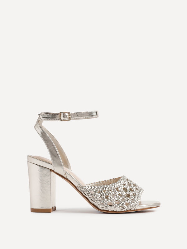 Linzi Gold Faux Leather Handwoven Block Heeled Sandals