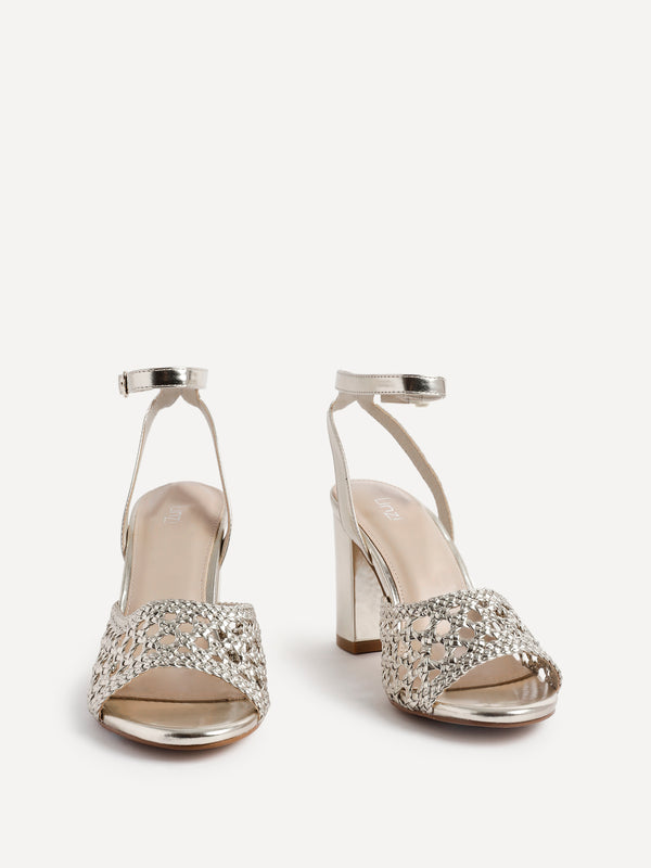 Linzi Gold Faux Leather Handwoven Block Heeled Sandals