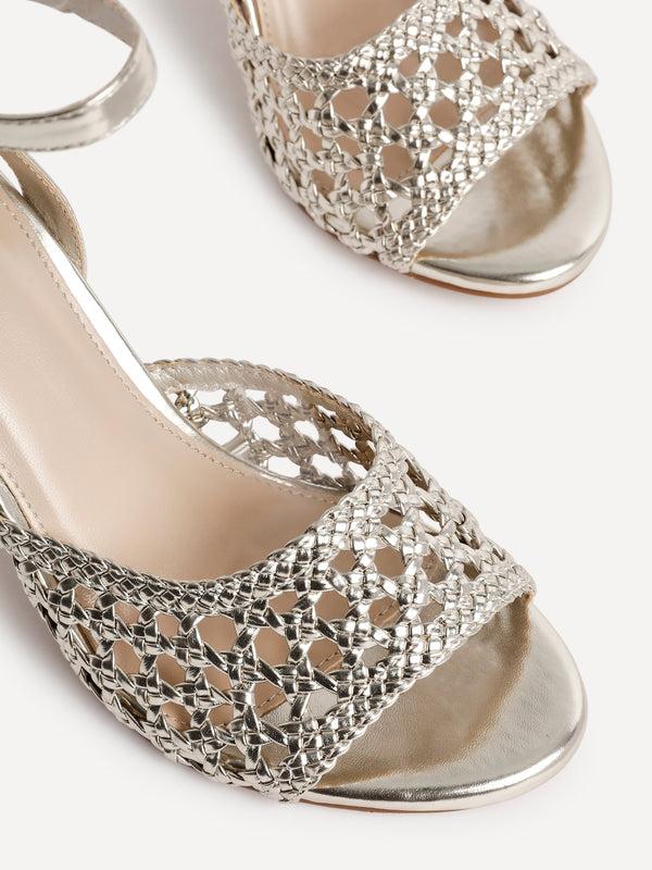 Linzi Gold Faux Leather Handwoven Block Heeled Sandals