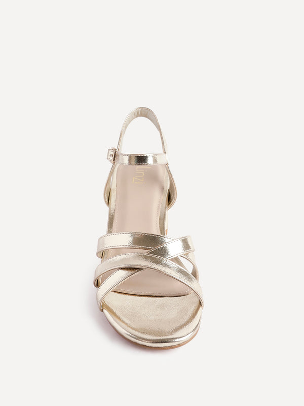 Linzi Gold Faux Leather Heeled Sandals With Crossover Straps