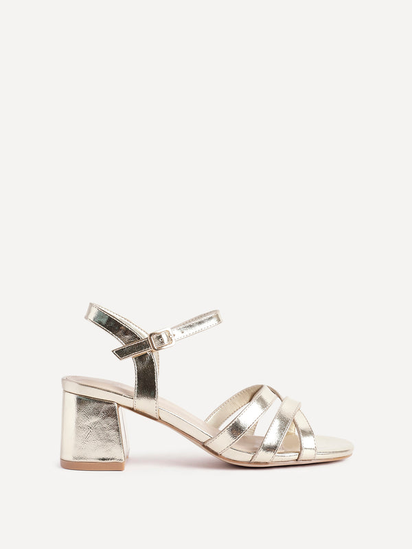 Linzi Gold Faux Leather Heeled Sandals With Crossover Straps