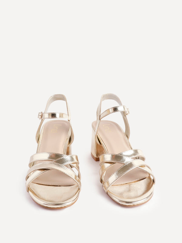 Linzi Gold Faux Leather Heeled Sandals With Crossover Straps
