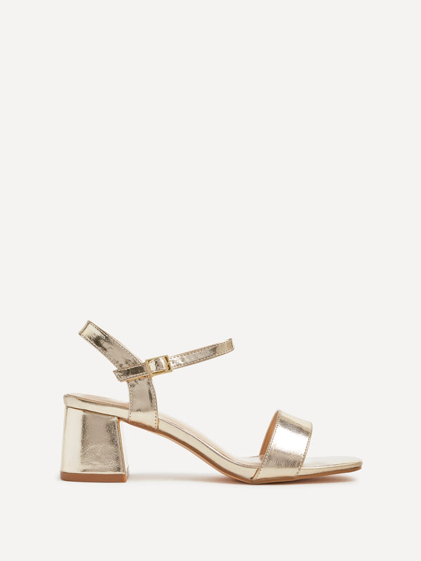 Linzi Gold Faux Leather Low Chunky Block Heeled Sandal