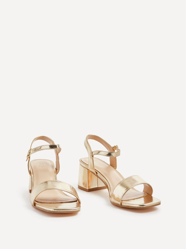 Linzi Gold Faux Leather Low Chunky Block Heeled Sandal