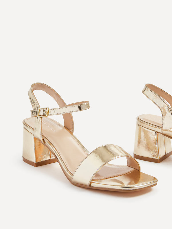 Linzi Gold Faux Leather Low Chunky Block Heeled Sandal