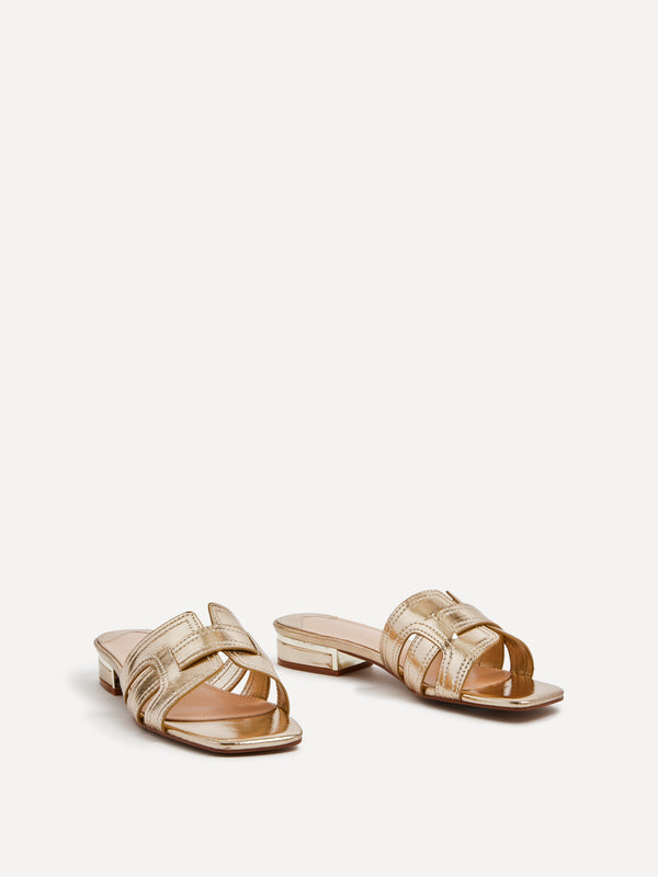 Linzi Gold Faux Leather Low Heeled Woven Mule Sandal