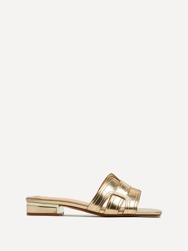 Linzi Gold Faux Leather Low Heeled Woven Mule Sandal