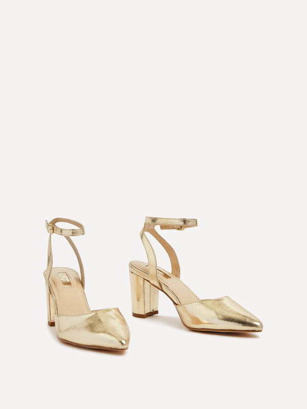 Linzi Gold Faux Leather Mid Height Court Shoe With Sandal Back
