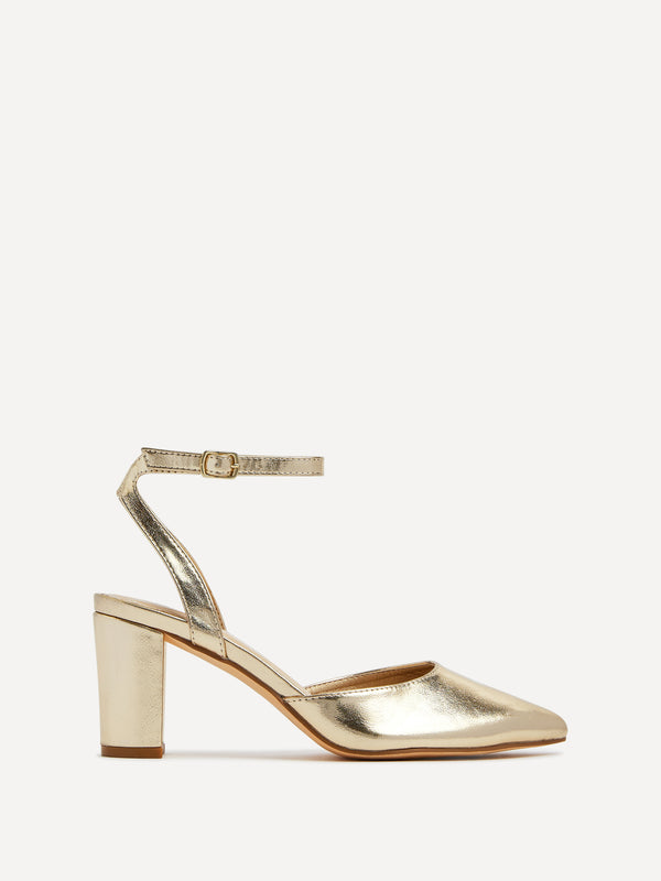 linzi Gold Faux Leather Mid Height Court Shoe With Sandal Back