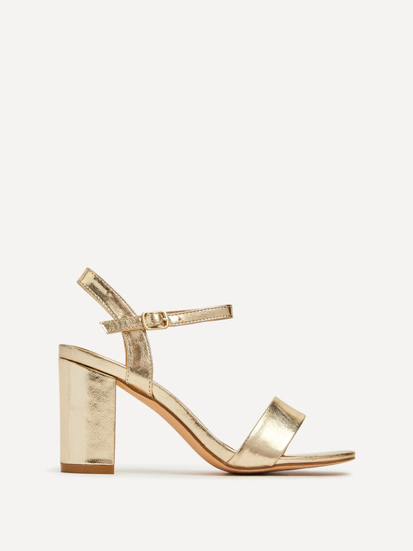 Linzi Gold Faux Leather Open Back Barely There Block Heeled Sandal