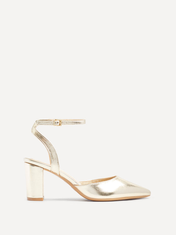 Linzi Gold Faux Leather Open Back Block Heeled Court Shoe