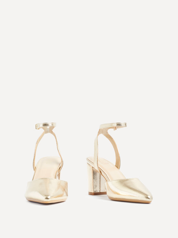 Linzi Gold Faux Leather Open Back Block Heeled Court Shoe