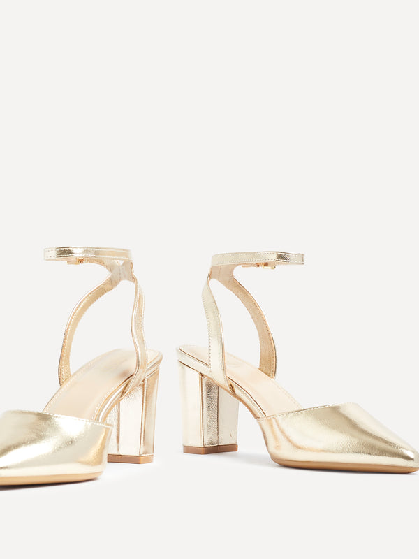 Linzi Gold Faux Leather Open Back Block Heeled Court Shoe