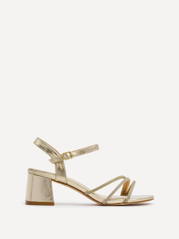 Linzi Gold Faux Leather Open Back Sandal With Diamante Triple Front Straps