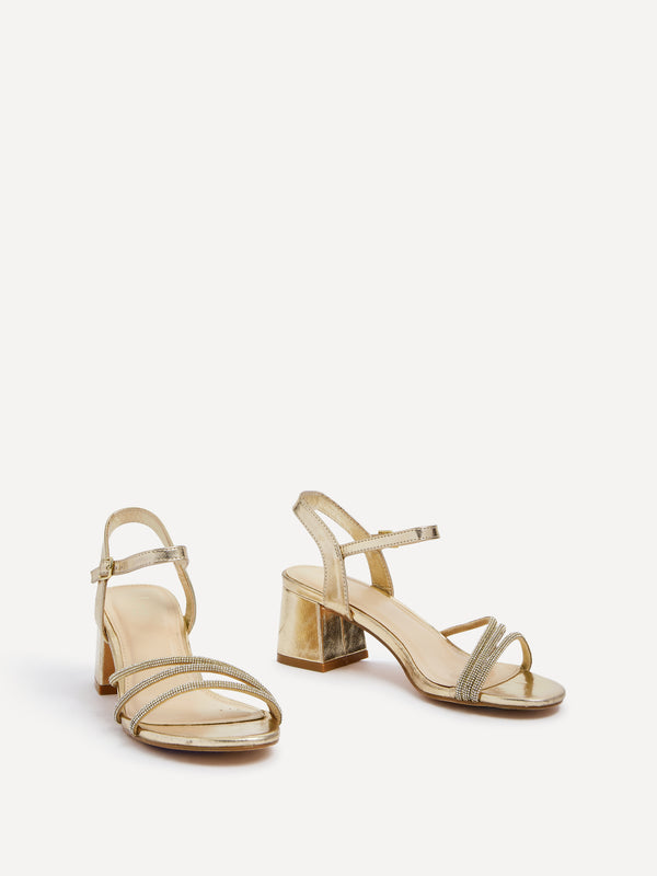 Linzi Gold Faux Leather Open Back Sandal With Diamante Triple Front Straps