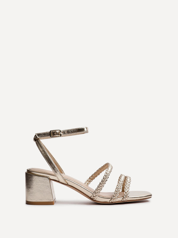 Linzi Gold Faux Leather Plaited Block Heeled Sandals