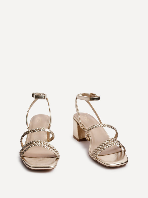 Linzi Gold Faux Leather Plaited Block Heeled Sandals