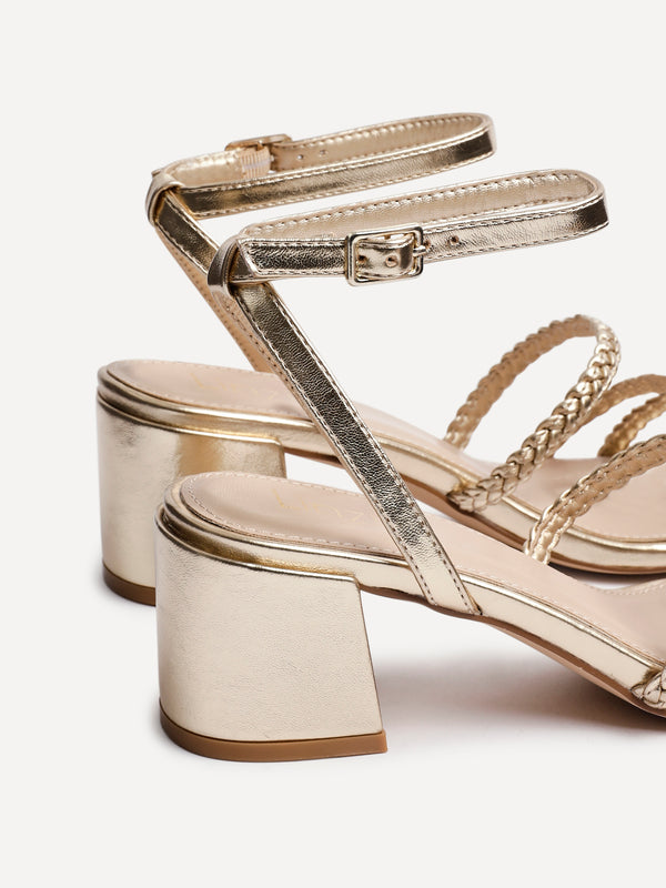 Linzi Gold Faux Leather Plaited Block Heeled Sandals