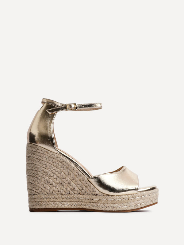 Linzi Gold Faux Leather Rope Platform Wedge With Wrap Around Ankle Strap